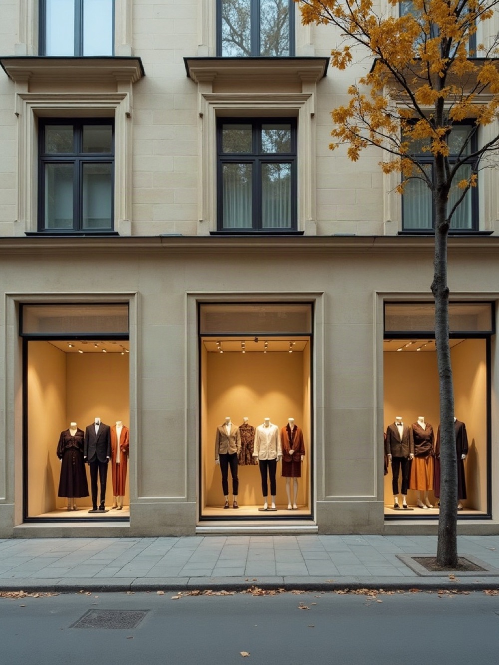 Ground-floor shop windows with mannequins in seasonal clothing on a tree-lined street