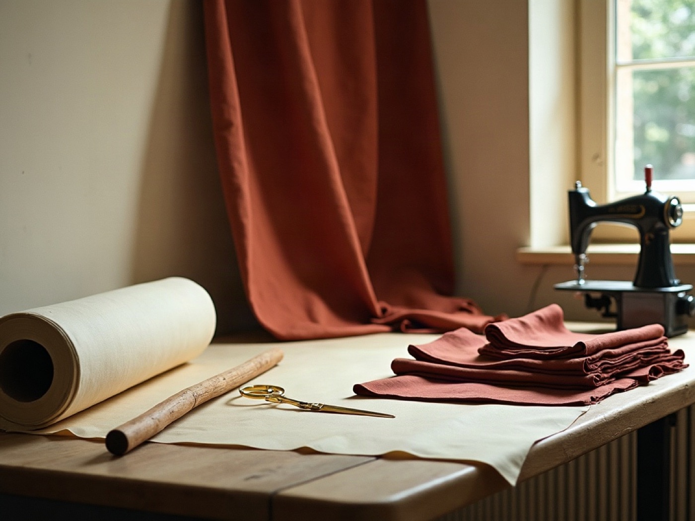 Atelier table with terracotta cloth, cream pattern paper, gold shears, and a sewing machine by the window