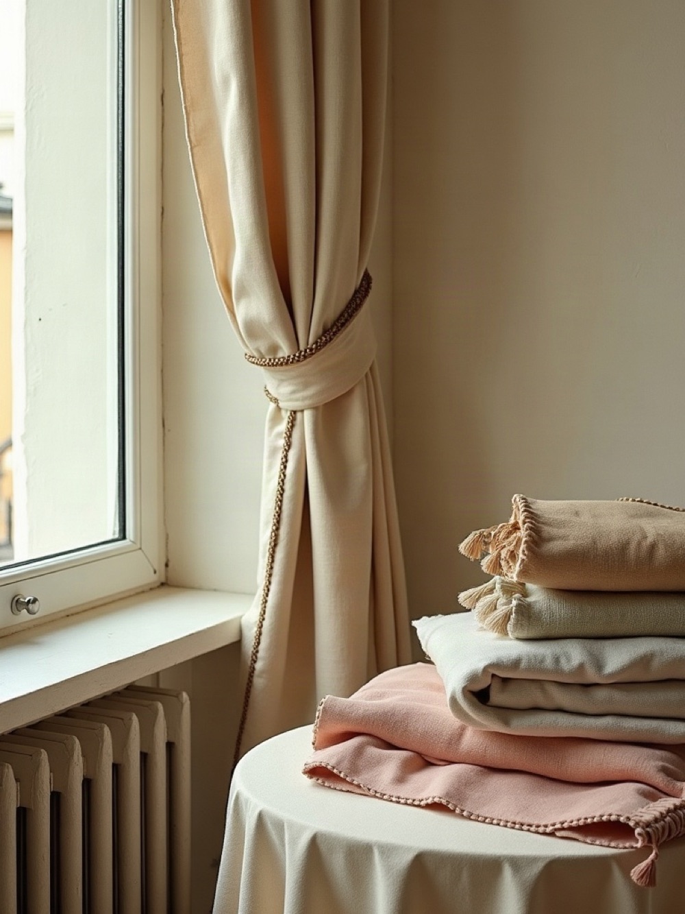 Cream lined curtain with braided trim beside stacked throws in beige, white, and dusty rose