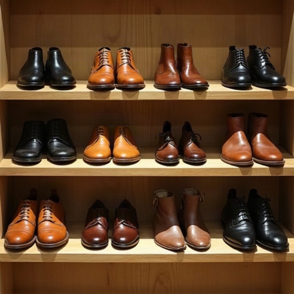 Wooden shelves of leather town shoes, boots, and derbies in black, brown, and tan