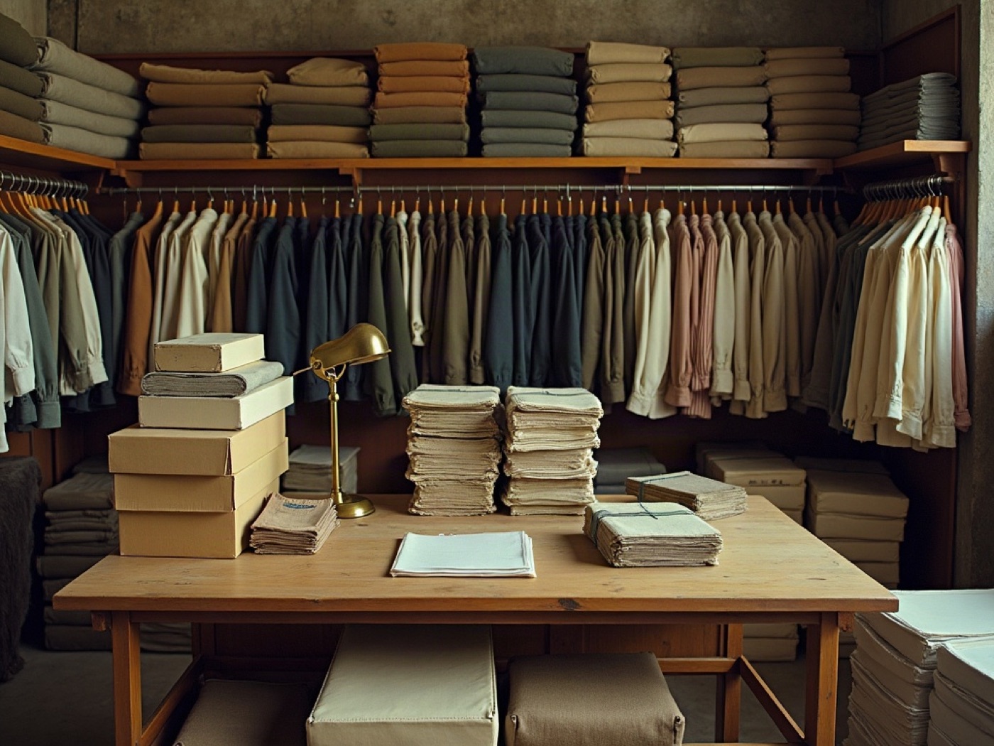 Wholesale stockroom with boxed goods, hanging garments, and stacked folded textiles on a wooden table